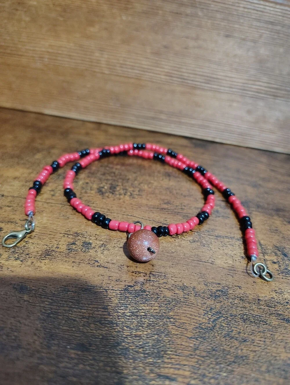 Red and Black Beaded Necklace with Goldstone Accent - Men's Necklace